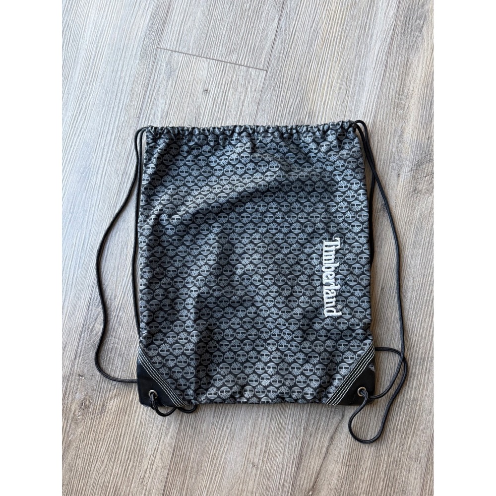 Timberland Drawstring Backpack Black Grey Monogram Logo Cinch Bag